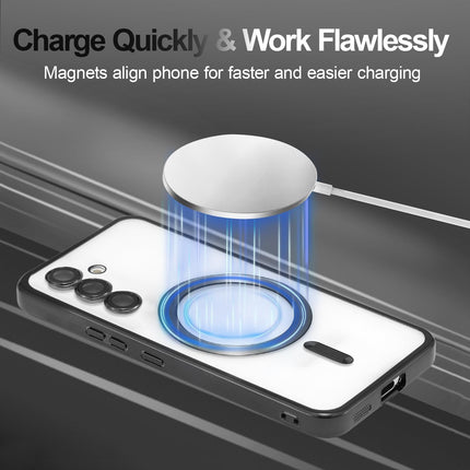 Phone with a magnetic charging pad on a black background, highlighting fast charging feature for Samsung S25 FE