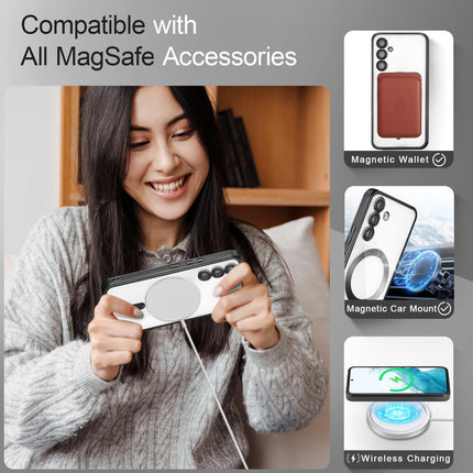 Person holding a gaming controller with text 'Compatible with All MagSafe Accessories' and images of compatible products for Samsung S25 FE