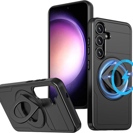 Samsung Galaxy S25 Plus Case Premium Magnetic Kickstand 360° Rotating Ring Stand, Shockproof PC Fashion Cover Stronger Magnetic Wireless Charging 1.5mm Screen 2mm Camera Protection + FREE 6D Tempered Glass