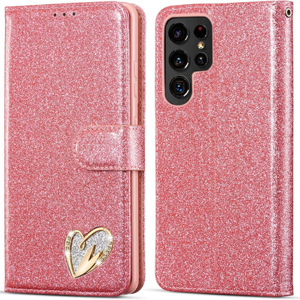 Pink glittery phone case with a heart design on a white background for Samsung S26 Ultra