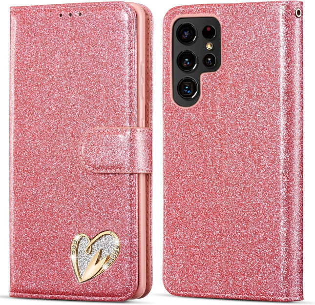 Pink glittery phone case with a heart design on a white background for Samsung S26 Ultra