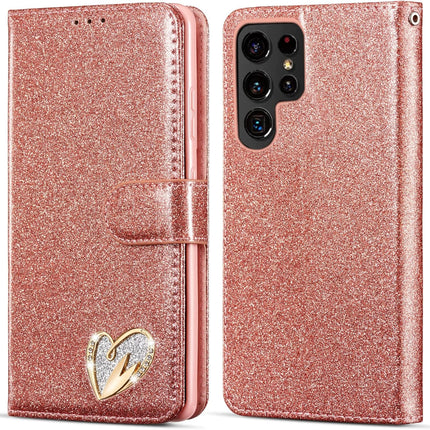 Rose gold glittery phone case with a heart design on a white background for Samsung S26 Ultra