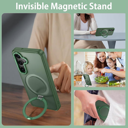 Green phone case with magnetic stand feature, used in various settings for Samsung S25 FE
