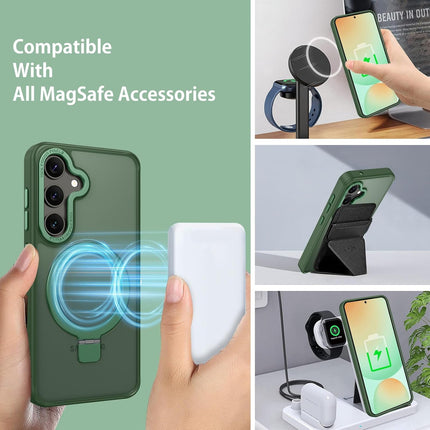 Green phone case with magnetic feature, compatible with MagSafe accessories, on a green background for Samsung S25 FE