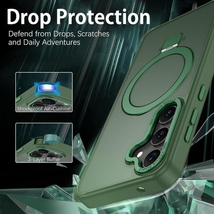 Green phone case with drop protection features on a dark background for Samsung S25 FE