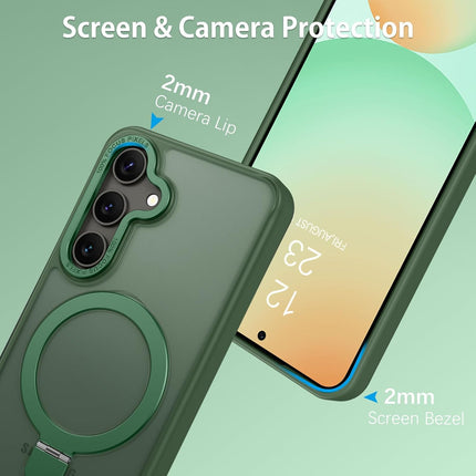 Green phone case with screen and camera protection features on a light green background for Samsung S25 FE