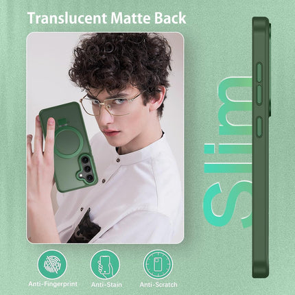 Person holding a green phone with text about phone case features on a light green background for Samsung S25 