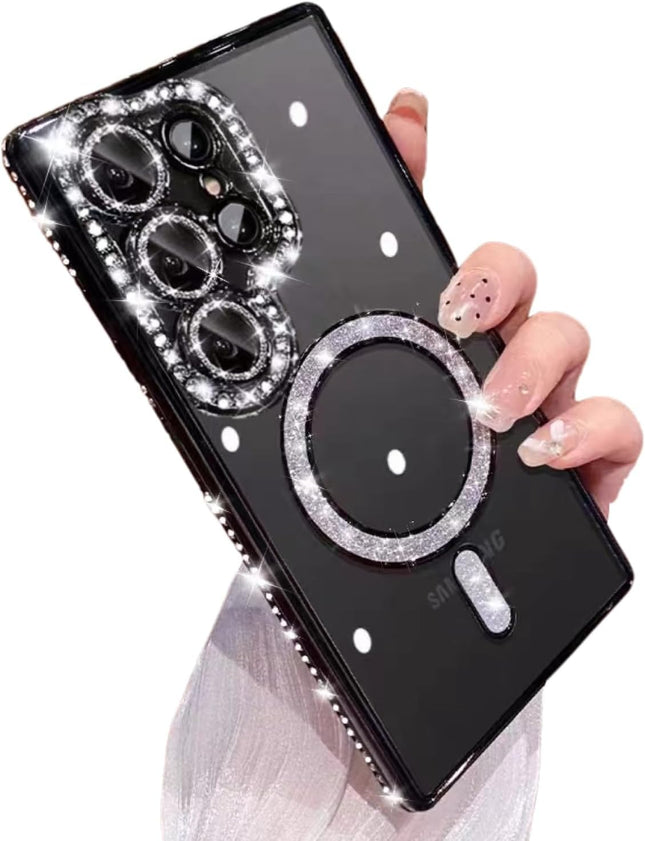 Samsung Galaxy S26 Ultra Case Magnetic Clear Glitter | MagSafe Compatible | Cute Sparkly Bling 3D Diamond Camera Lens Protector | Soft Plating TPU Bumper | Women Girls Luxury Case + FREE 6D Tempered Glass