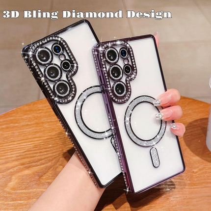 Samsung Galaxy S26 Ultra Case Magnetic Clear Glitter | MagSafe Compatible | Cute Sparkly Bling 3D Diamond Camera Lens Protector | Soft Plating TPU Bumper | Women Girls Luxury Case + FREE 6D Tempered Glass