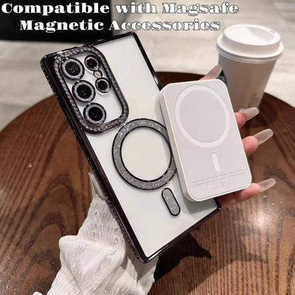 Samsung Galaxy S26 Ultra Case Magnetic Clear Glitter | MagSafe Compatible | Cute Sparkly Bling 3D Diamond Camera Lens Protector | Soft Plating TPU Bumper | Women Girls Luxury Case + FREE 6D Tempered Glass