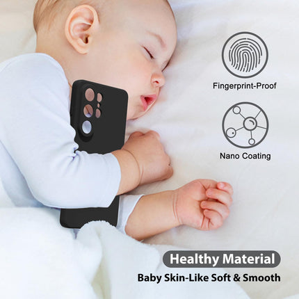 Baby holding a black phone case with product features highlighted for Samsung S26 Ultra