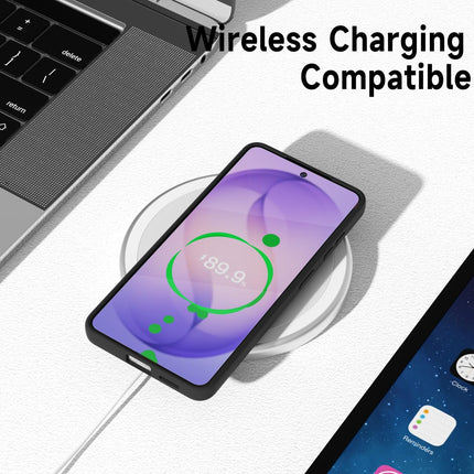Smartphone on a wireless charging pad with text 'Wireless Charging Compatible' next to a laptop for Samsung S26 Ultra