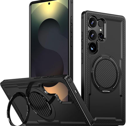 Samsung Galaxy S25 Ultra Case Military-Grade 16FT Drop Protection Magnetic Ring Stand Carbon Fibre Texture Cool Cover Soft TPU Hard PC Dual Layer Shockproof for Men Women + FREE 6D Tempered Glass Screen Protector