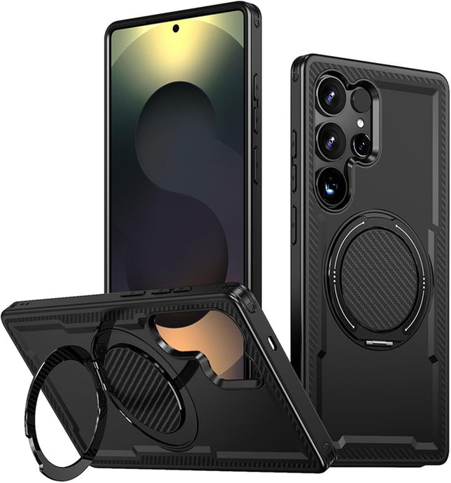 Samsung Galaxy S25 Ultra Case Military-Grade 16FT Drop Protection Magnetic Ring Stand Carbon Fibre Texture Cool Cover Soft TPU Hard PC Dual Layer Shockproof for Men Women + FREE 6D Tempered Glass Screen Protector