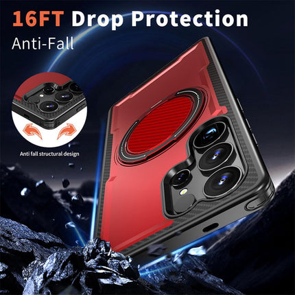 Samsung Galaxy S25 Ultra Case Military-Grade 16FT Drop Protection Magnetic Ring Stand Carbon Fibre Texture Cool Cover Soft TPU Hard PC Dual Layer Shockproof for Men Women + FREE 6D Tempered Glass Screen Protector