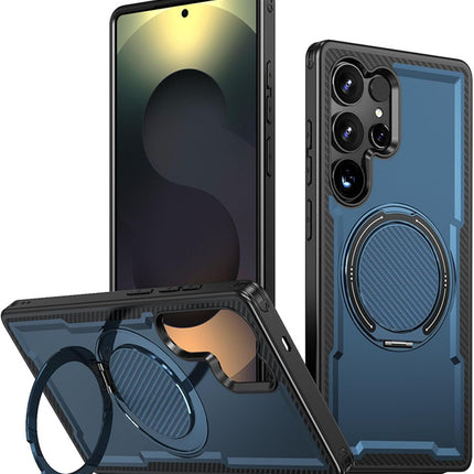 Samsung Galaxy S25 Ultra Case Military-Grade 16FT Drop Protection Magnetic Ring Stand Carbon Fibre Texture Cool Cover Soft TPU Hard PC Dual Layer Shockproof for Men Women + FREE 6D Tempered Glass Screen Protector
