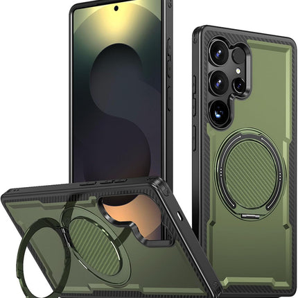 Samsung Galaxy S25 Ultra Case Military-Grade 16FT Drop Protection Magnetic Ring Stand Carbon Fibre Texture Cool Cover Soft TPU Hard PC Dual Layer Shockproof for Men Women + FREE 6D Tempered Glass Screen Protector