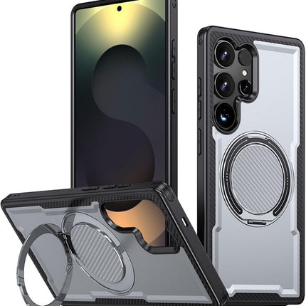 Samsung Galaxy S25 Ultra Case Military-Grade 16FT Drop Protection Magnetic Ring Stand Carbon Fibre Texture Cool Cover Soft TPU Hard PC Dual Layer Shockproof for Men Women + FREE 6D Tempered Glass Screen Protector