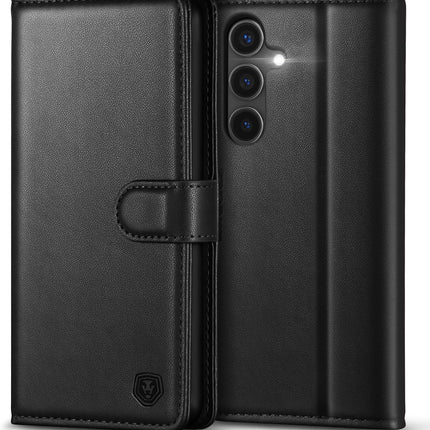 Black phone case with wallet functionality on a white background for Samsung S25