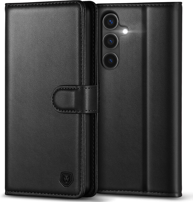 Black phone case with wallet functionality on a white background for Samsung S25