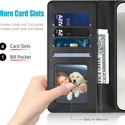 Black wallet with card slots and bill pocket held by a hand, with text highlighting features for Samsung S25