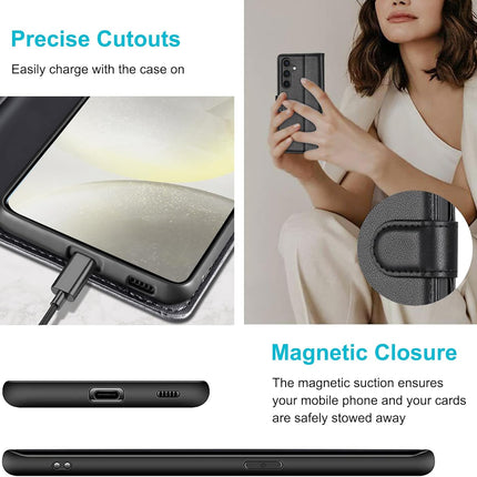 Phone case with charging cable, magnetic closure, and person using phone for Samsung S25