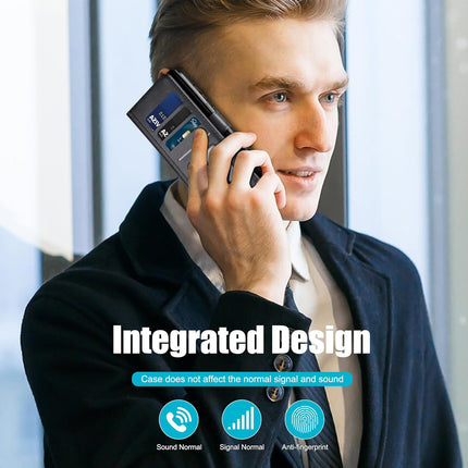 Man talking on a phone with an integrated design case, featuring text and icons for Samsung S25