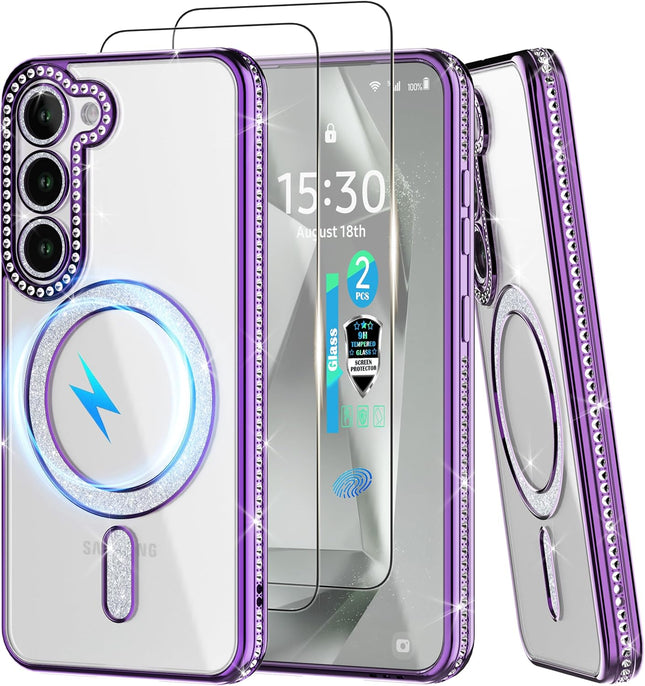 Phone case with purple border and reflective surface, featuring a screen protector for Samsung S25