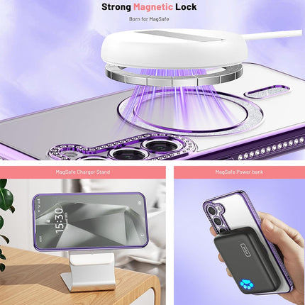Collage of a phone stand, power bank, and charging stand with 'Strong Magnetic Lock' text for Samsung S25