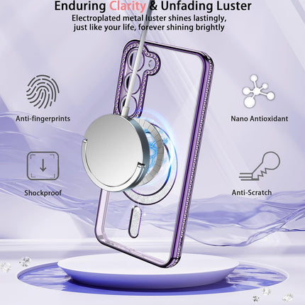 Phone case with magnetic ring stand on a light purple background with text about features for Samsung S25