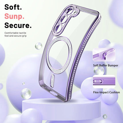 Phone case with soft buffer bumper and flex-impact cushion features on a light purple background for Samsung S25