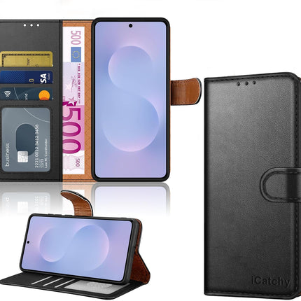 Samsung S25 Edge Leather Wallet Flip Case with 4 Card Slots Money Pocket RFID Blocking Magnetic Closure Kickstand | Shockproof TPU Cover for Galaxy S25 Edge 5G | Free 6D Tempered Glass Screen Protector