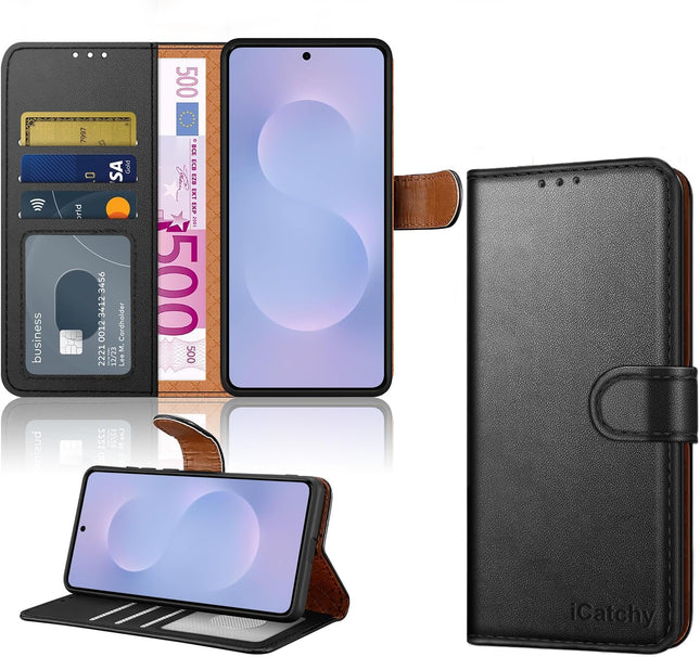 Samsung S25 Edge Leather Wallet Flip Case with 4 Card Slots Money Pocket RFID Blocking Magnetic Closure Kickstand | Shockproof TPU Cover for Galaxy S25 Edge 5G | Free 6D Tempered Glass Screen Protector