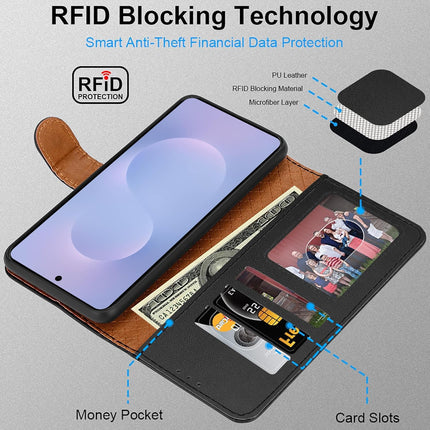 Samsung S25 Edge Leather Wallet Flip Case with 4 Card Slots Money Pocket RFID Blocking Magnetic Closure Kickstand | Shockproof TPU Cover for Galaxy S25 Edge 5G | Free 6D Tempered Glass Screen Protector