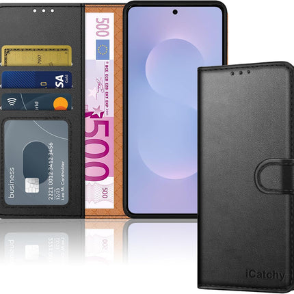 Samsung S25 Edge Leather Wallet Flip Case with 4 Card Slots Money Pocket RFID Blocking Magnetic Closure Kickstand | Shockproof TPU Cover for Galaxy S25 Edge 5G | Free 6D Tempered Glass Screen Protector