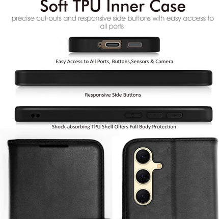 Samsung Galaxy S25 Plus Wallet Case PU Leather with RFID Blocking, 3 Card Slots, Cash Pocket, Adjustable Kickstand, Wrist Strap, Magnetic Closure, Shockproof TPU + FREE 6D Tempered Glass Screen Protector