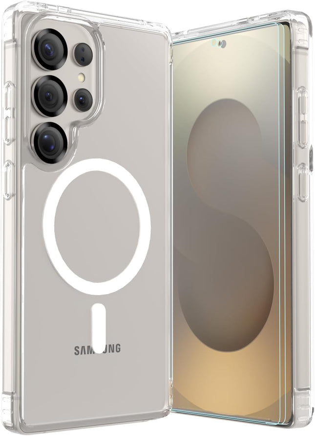 Samsung S25 Ultra Case Clear Magnetic, Lunovate Shockproof 14FT Military Grade Drop Protection, Anti-Yellow Transparent MagSafe Cover + FREE 6D Tempered Glass Screen Protector for Galaxy S25 Ultra