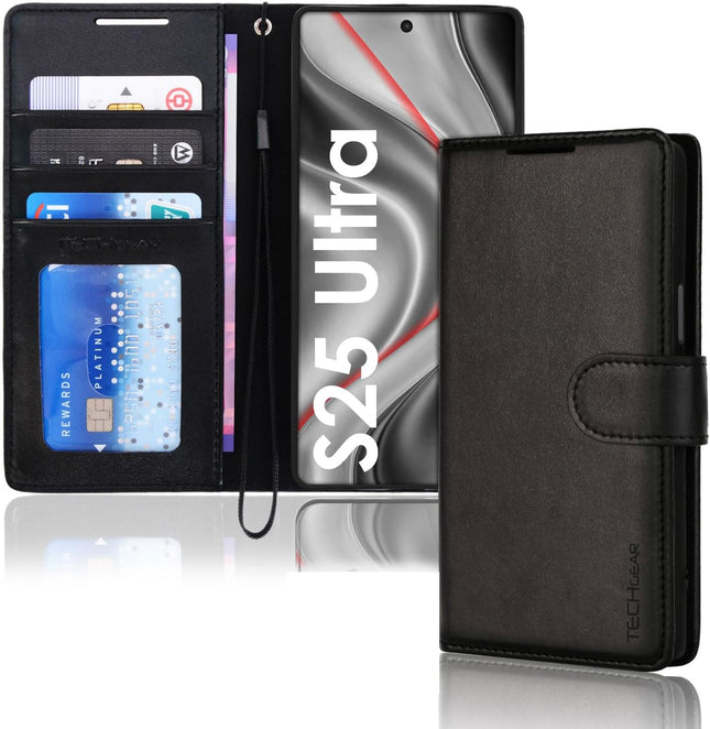 Samsung Galaxy S25 Ultra Wallet Case PU Leather RFID Blocking 3 Card Slots Cash Pocket Adjustable Kickstand Magnetic Closure Wrist Strap Shockproof TPU S Pen Access Folio Flip Cover + FREE 6D Tempered Glass Screen Protector