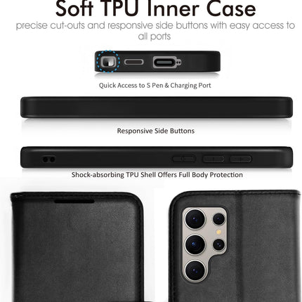 Samsung Galaxy S25 Ultra Wallet Case PU Leather RFID Blocking 3 Card Slots Cash Pocket Adjustable Kickstand Magnetic Closure Wrist Strap Shockproof TPU S Pen Access Folio Flip Cover + FREE 6D Tempered Glass Screen Protector