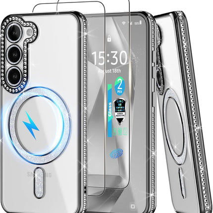 Samsung S26 Plus Case,[1 Fingerprint Tempered Glass Screen Protector] Diamond Cute for Glitter Luxury Fashion Shiny