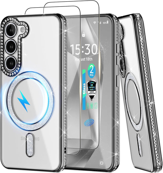 Samsung S26 Plus Case,[1 Fingerprint Tempered Glass Screen Protector] Diamond Cute for Glitter Luxury Fashion Shiny