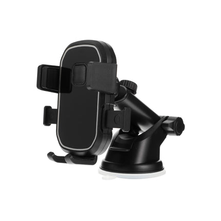 A black suction cup car holder with 360-degree rotation and length adjustment, designed to hold smartphones.
