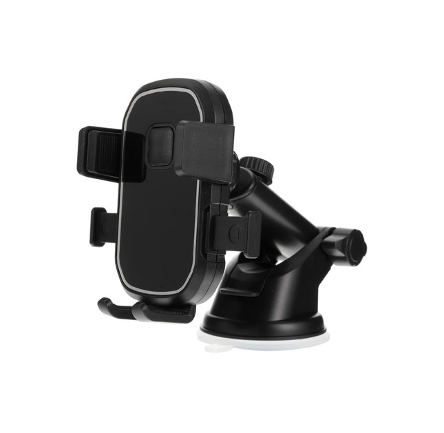 A black suction cup car holder with 360-degree rotation and length adjustment, designed to hold smartphones.