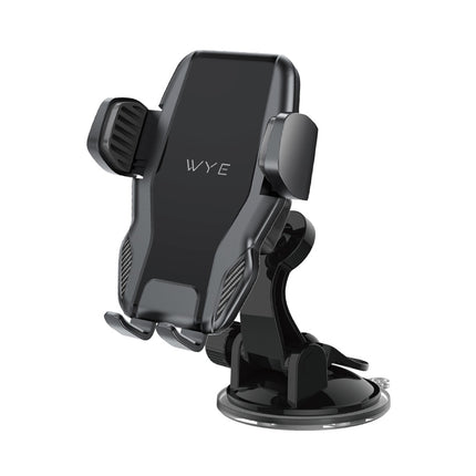 A black telescopic dashboard and windshield car mount with a clamp and suction base.