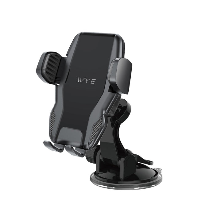 A black telescopic dashboard and windshield car mount with a clamp and suction base.