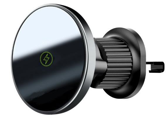A black wireless magnetic charging vent holder with a visible charging symbol in the center.