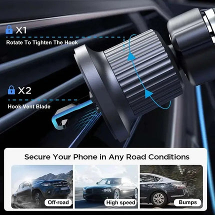 Wireless Magnetic Car Charger Mount | 15W Fast Charging Air Vent Phone Holder | 16x N52 Magnets MagSafe Compatible | 360° Rotation Qi Certified | iPhone 15 14 13 12 Pro Max Samsung Black