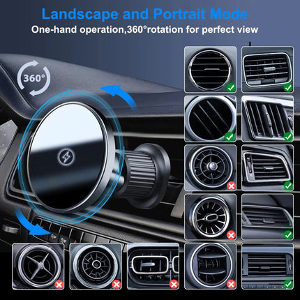 Wireless Magnetic Car Charger Mount | 15W Fast Charging Air Vent Phone Holder | 16x N52 Magnets MagSafe Compatible | 360° Rotation Qi Certified | iPhone 15 14 13 12 Pro Max Samsung Black