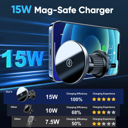 Wireless Magnetic Car Charger Mount | 15W Fast Charging Air Vent Phone Holder | 16x N52 Magnets MagSafe Compatible | 360° Rotation Qi Certified | iPhone 15 14 13 12 Pro Max Samsung Black