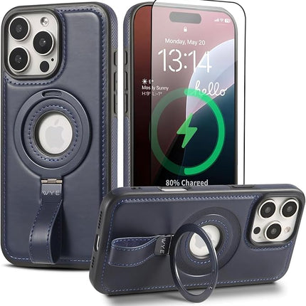 iPhone 16 Pro MagCharge PU Leather Case with MagSafe | Ring Grip Kickstand Shockproof Cover + Free 1 Pack 6D Tempered Glass (KIT)
